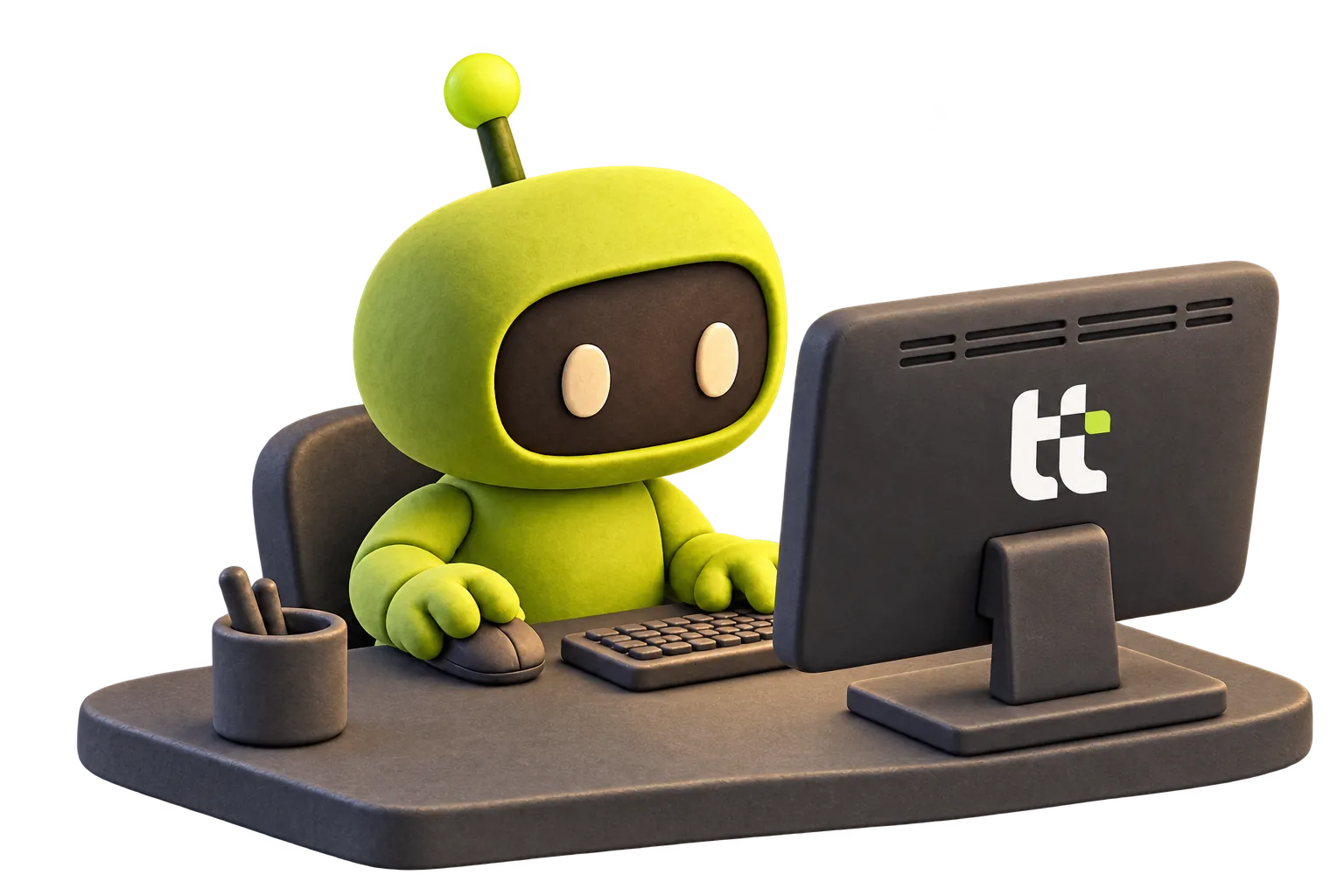 Robô diante do monitor com o logo da Vistt